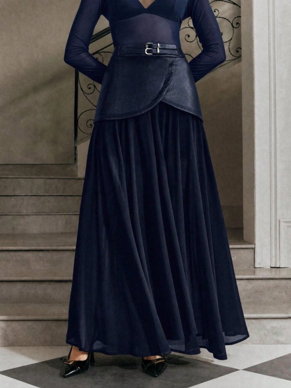 Navy Blue Casual Women's Scallop Belted Draped Flared Chiffon Long Skirt - Picture 4 of 7